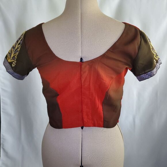 Handmade Women’s Saree & Choli Small Red Brown Silver Gold Embroidered Sequins - Picture 9 of 11